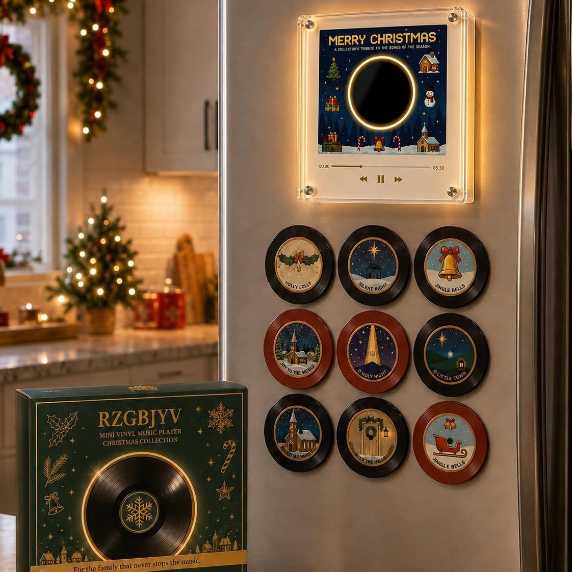 Christmas Musical Fridge Magnet Light-Up Rotating NFC Record Player Set