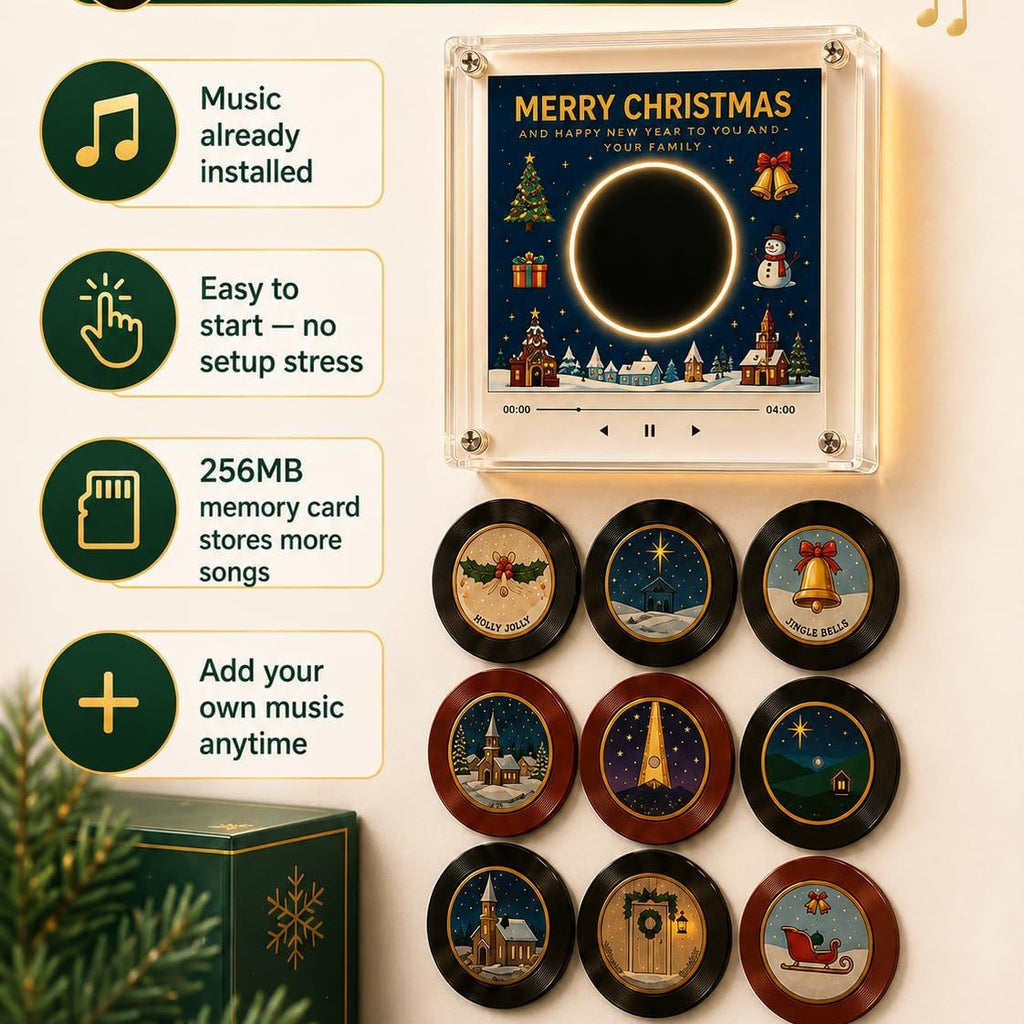 Christmas Musical Fridge Magnet Light-Up Rotating NFC Record Player Set