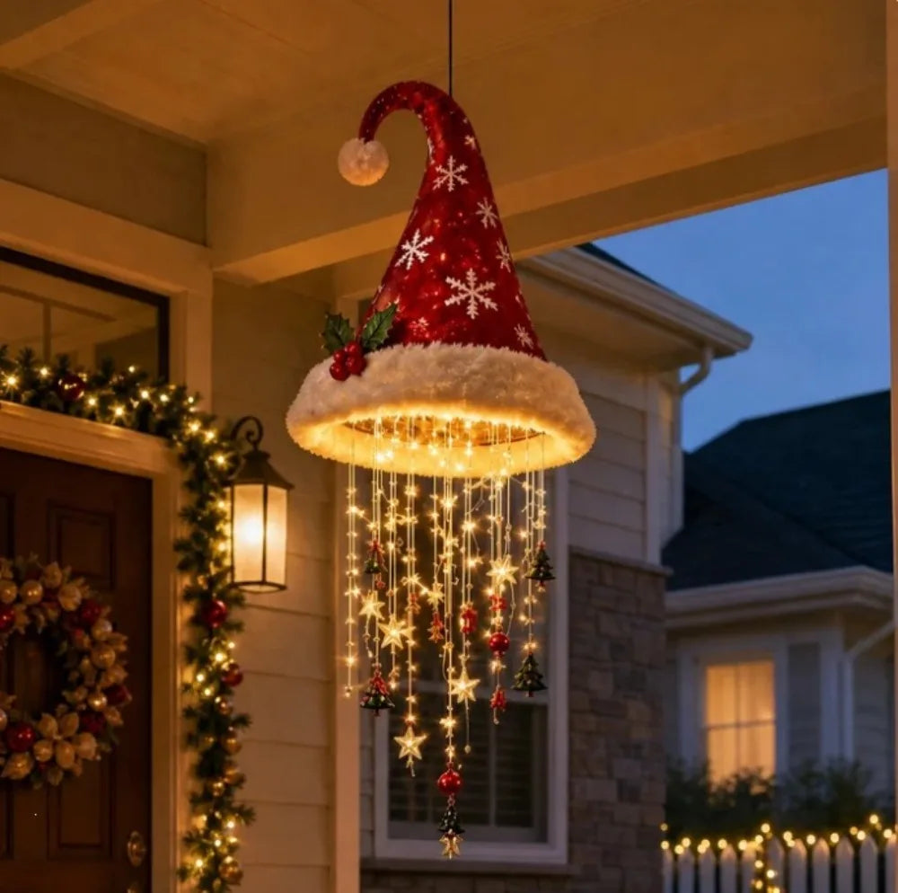 Christmas Hat LED Hanging Lamp Santa Hat String Light Pendant Ornaments Xmas Tree Wall Decor Party Window Decoration Light Gifts
