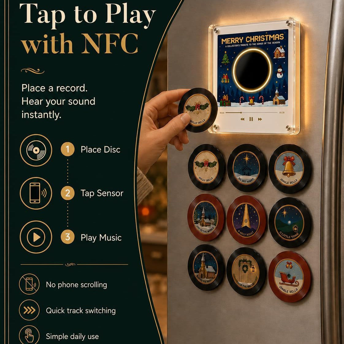Christmas Musical Fridge Magnet Light-Up Rotating NFC Record Player Set
