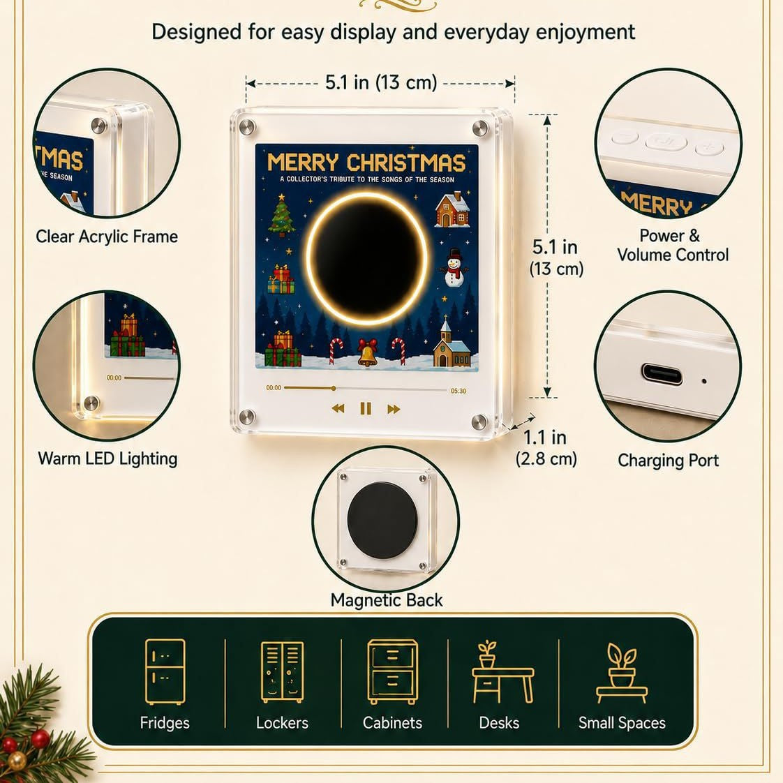 Christmas Musical Fridge Magnet Light-Up Rotating NFC Record Player Set